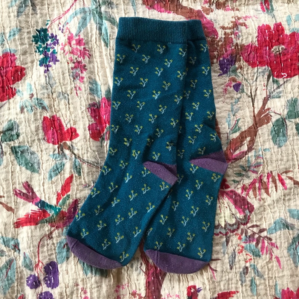 Bundle up! Socks 3 for $5: teal socks with green flower pattern